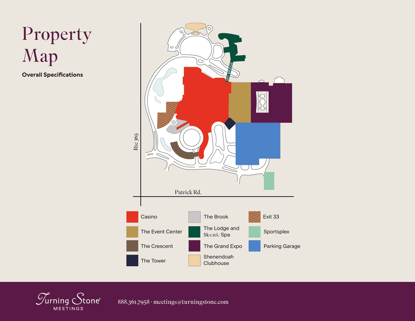 Overview map of the Turning Stone property showing Patrick Road along the south edge, Route 365 to the west, and Thruway Exit 33 to the northwest. The casino sits at the centre, with the Event Center and Grand Expo to its east, the parking garages along the southeast, and the Lodge, Crescent, Brook and Tower lodging buildings around the perimeter.